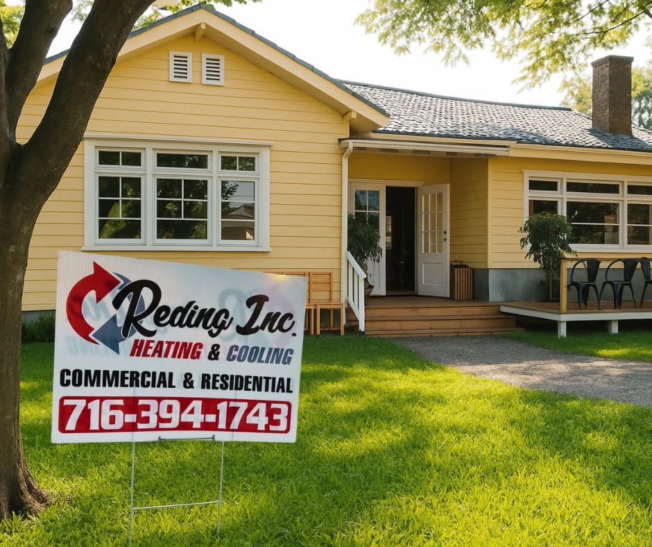 Reding Inc. Heating & Cooling lawn sign displayed in the front yard of a yellow bungalow
